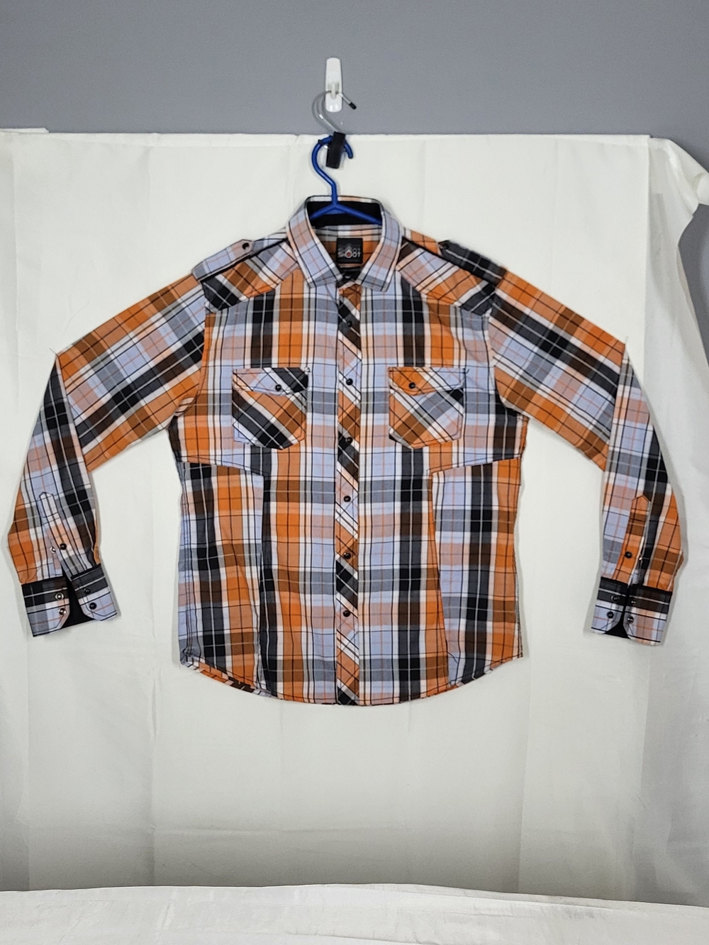 Men's Orange Plaid Long-Sleeve Button-Down Shirt with Chest Pockets